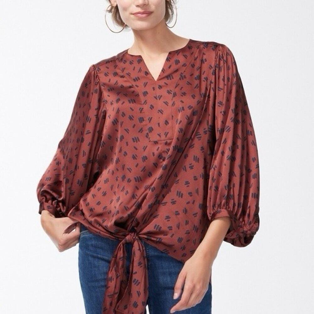 NWT Chico's Tie-front Satin Blouse Top 3/4 length Balloon Sleeve Sz 10 M